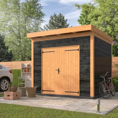 DHZ berging Almelo 300 x 300 cm incl. dubbele deur, horizontale wanden zwart geïmpregneerd